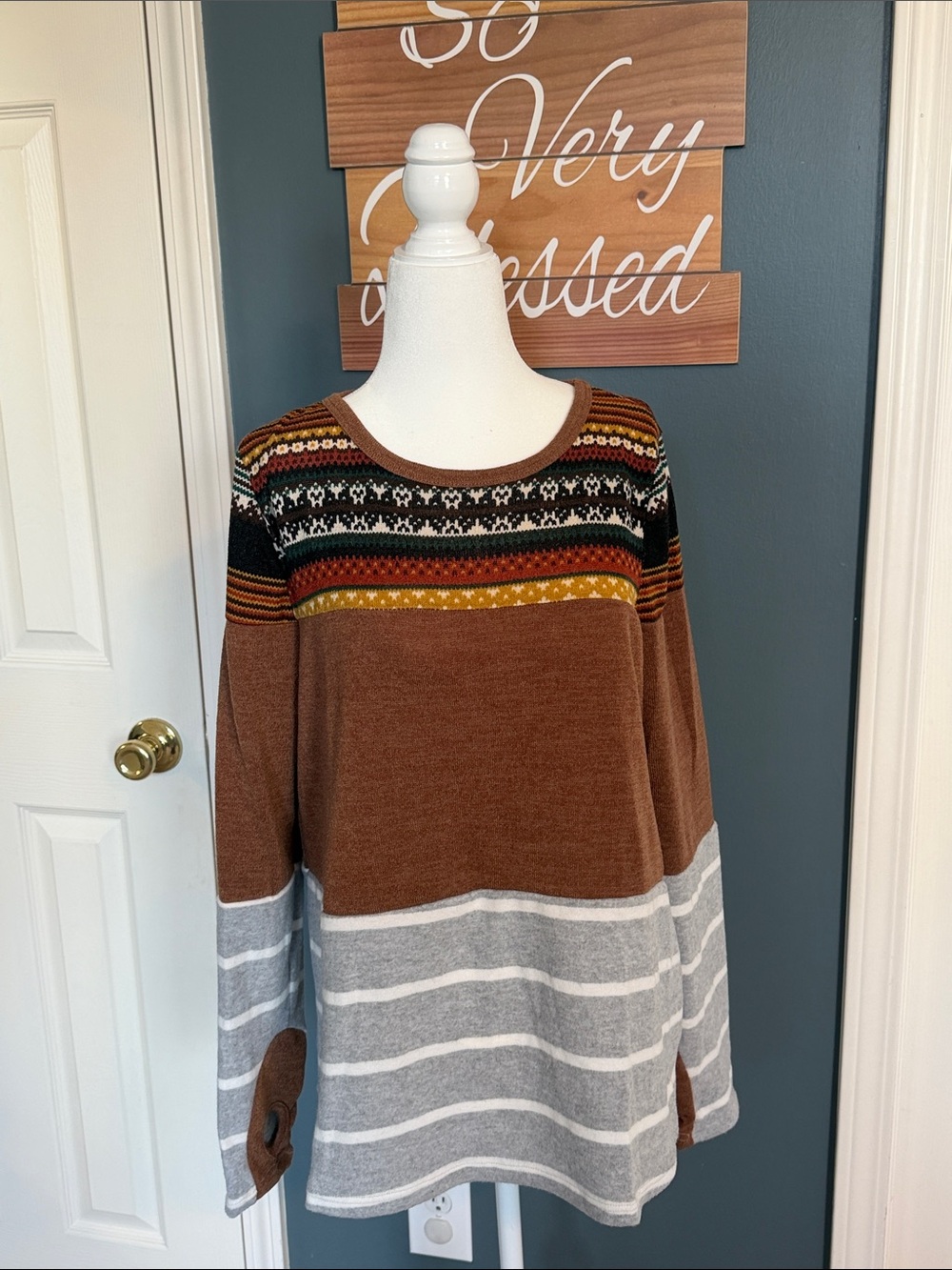 Women's Brown & Gray Striped Crewneck Sweater with Fair Isle Yoke (0005)